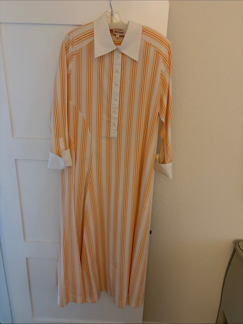 Rosie Assoulin Cream and Orange Striped Long-Sleeve Maxi Dress